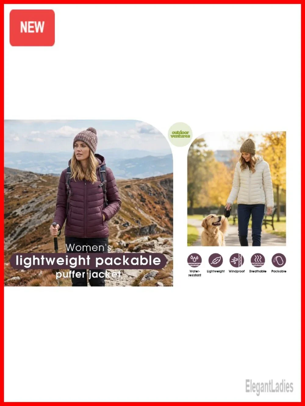 Women's Packable Lightweight Full-Zip Puffer Jacket with Hood Quilted Winter